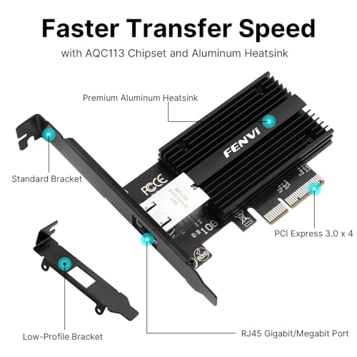 Image of 10G PCIe Network Card with Marvell AQC113 Controller, FENVi 10G Base-T Ethernet Adapter Card, RJ45 Port NIC Compatible with PCI-Express X4 /X8 /X16, for Desktop PC Windows 10 /11, Linux