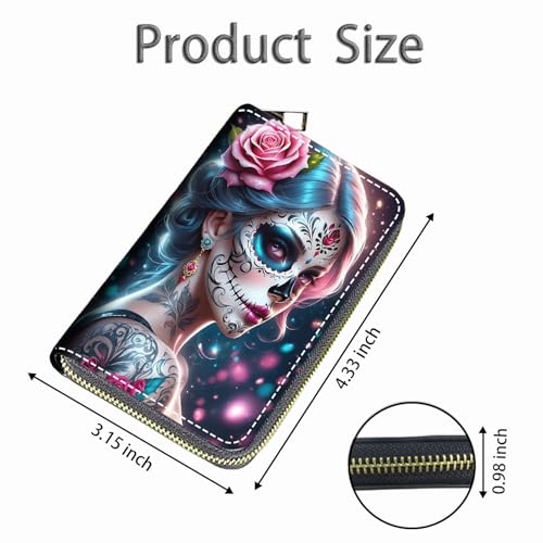 Credit Card Holder Wallets for Women, Small RFID Wallet Slim Leather Card Organizer Case with Zipper, Sugar Skull Girl Flower2