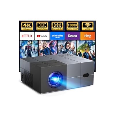 Projector with WiFi 6 and Bluetooth 5.3 - [High Brightness/Electric Focus]Outdoor Movie Projector ,YOWHICK Portable Smart Home Projector 1080P 4K Supported for Movie Night/Home Theater/Bedroom
