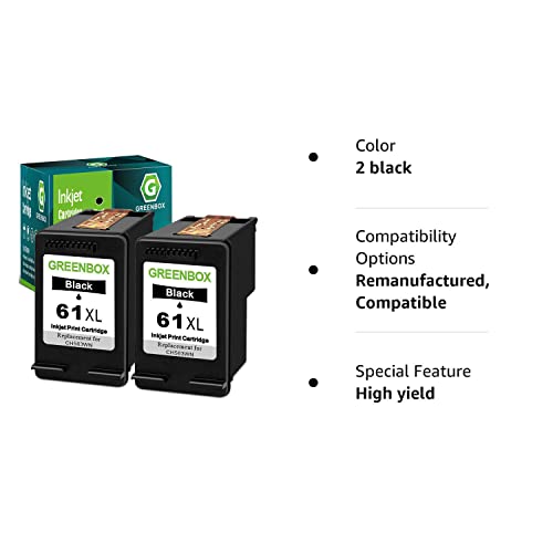 Greenbox Remanufactured 61 Black Ink Cartridge Replacement For Hp 61Xl 61 Xl For Hp Envy 4500 5530 5534 5535 Deskjet 1000 1056 1010 1510 1512 2540 3050 3050A Officejet 2620 Printer (2 Black) #TOP6