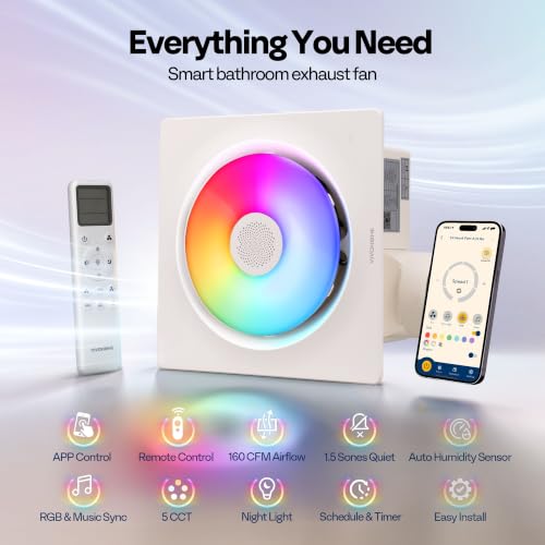 Image of VIVOHOME APP Control Bathroom Exhaust Fan with Bluetooth Speaker, 160CFM