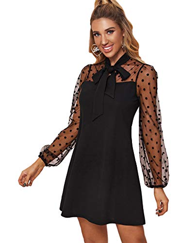 Romwe Women's Mesh Bishop Sleeve Mock Neck Solid Tunic Elegant Short Dress Dark Black Dots S #TOP2