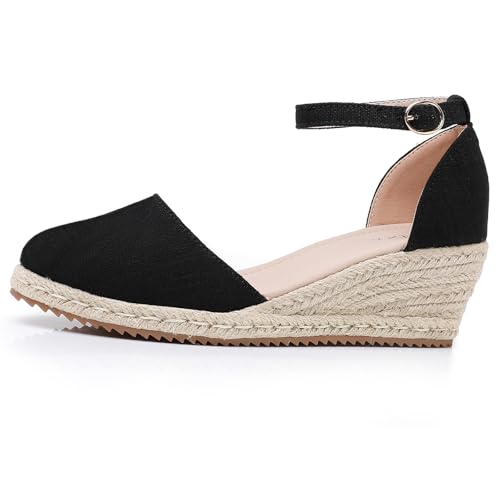 Image of Altxic Women's Closed Toe Canvas Ankle Strap Espadrilles Wedge Sandals