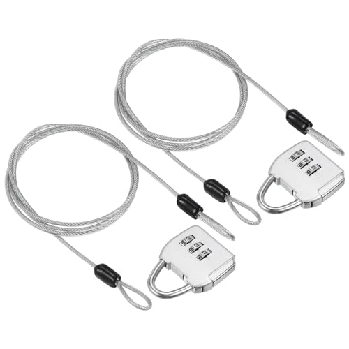 Image of PATIKIL Security Steel Cable with 3 Digit Combination Lock, 2 Set Travel Padlock 3.3Ft Coated Safety Wire Rope Double Loop for Luggage Suitcase, Silver
