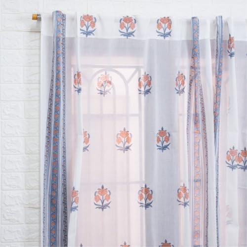 Image of Peepul Tree Pure Cotton Handprinted Blue and Peach Floral Sheer Curtain | Set of 1 | 8 ft | Inspired by Rajasthan Palaces | Royal Courtyards Collection