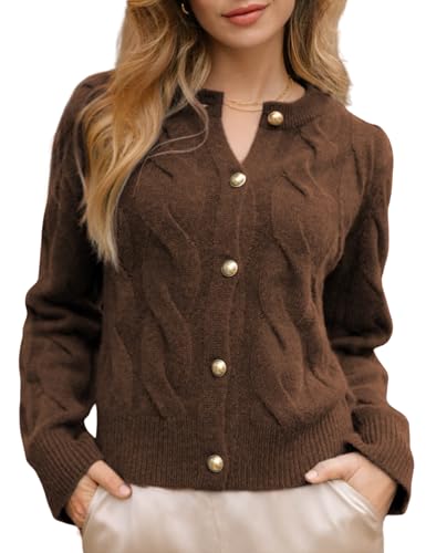 Tanming Womens Knitwear Cardigan Long Sleeve Open Front Button Down Crew Neck Cable Pattern Chunky Sweater Tops