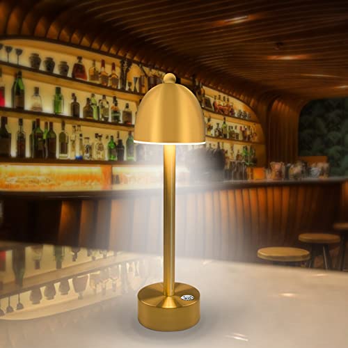 Irtto Gold Mushroom Battery Operated Cordless Table Lamp, 3-Way Dimmable Touch Sensor Desk Lamp, Industrial Rechargeable Portable Night Light For Bar/Restaurant/Home/Office Décor #TOP23
