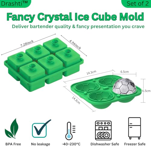 Image of Premium Combo of Large 3D Crystal Square Ice Cube Tray & Football Shaped Silicone Molds for Chilling Drinks, Chocolates, Juice, Jelly and Many More. Pack of 2 (Green)