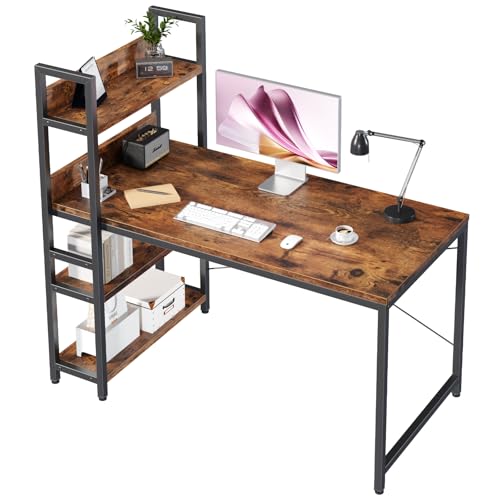 Sweetcrispy Schreibtisch mit Seitlichem Regal & Verstellbaren Füßen, 140 cm breiter Bürotisch, Starker Computertisch mit Ablagefläche, Einfacher Montage, vintagebraun