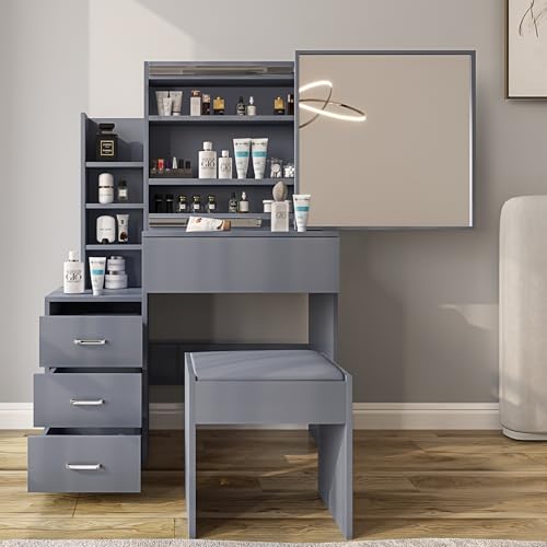 Blisswood Dressing Table with 10 Led Bulb & Mirror and Stool, Vanity Desk with 4 Drawer 3 open Storage Shelves and 3 Hidden Shelves, Modern Makeup Table for Bedroom & Living Room (Grey)
