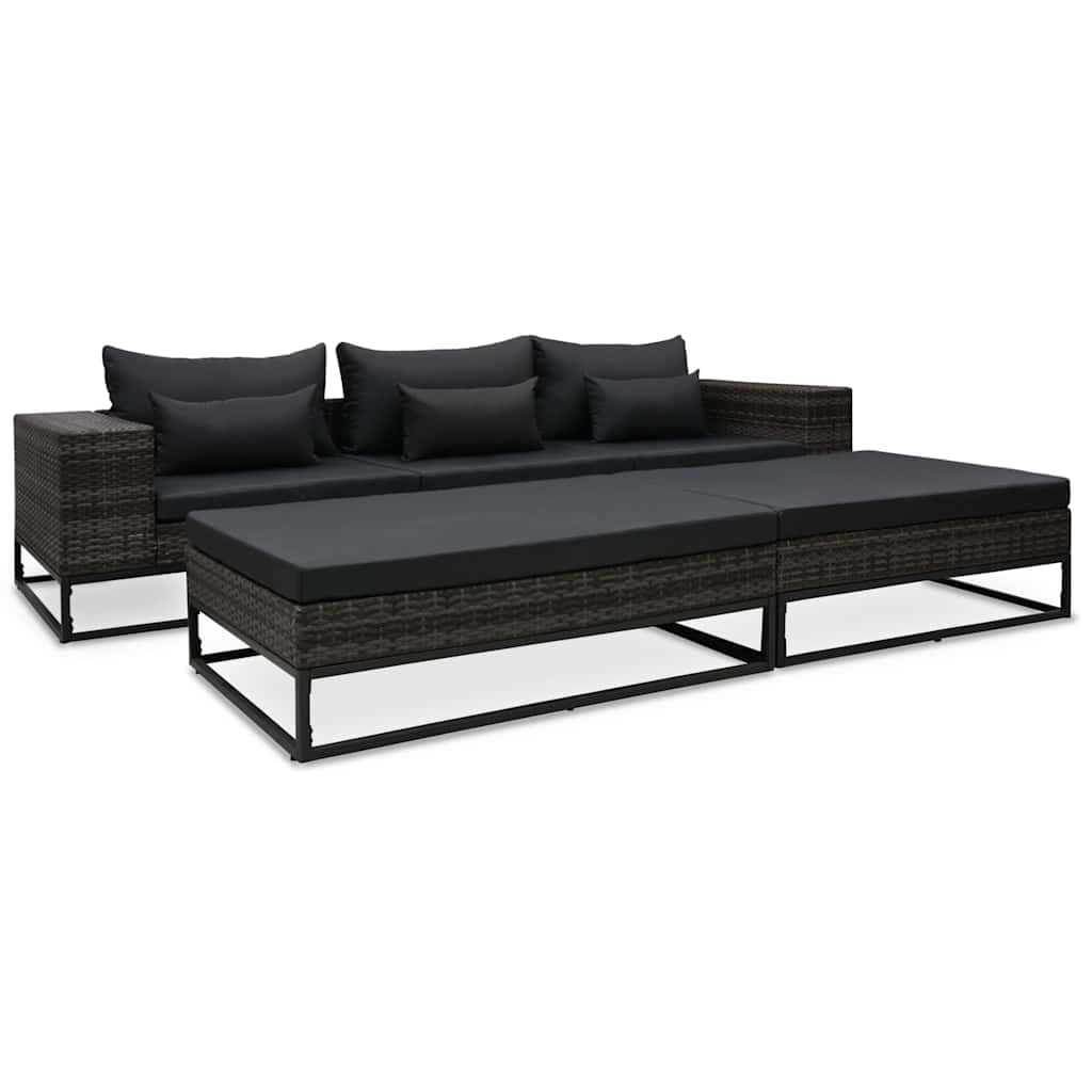Set di 5 divani da giardino con cuscini, in polyrattan, grigio