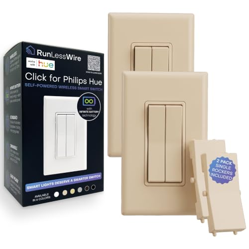 Image of RunLessWire Click for Hue Battery-Free Wireless Switch 2 Pack Light Almond | Dimmable Kinetic Switch Pairs Natively to Philips Hue Bridge, 4 Programmable Buttons to Control Scenes & Areas, 100ft Range