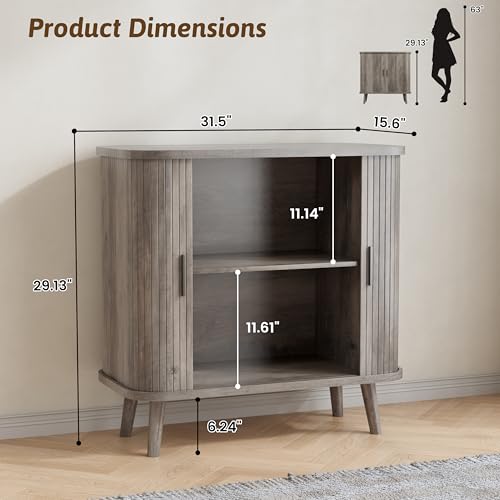 Image of BORNOON Buffet Cabinet with Storage, Curved-Edge Fluted Storage Cabinet Sideboard, Modern Black Sideboard Buffet with Adjustable Shelves & Sliding Door for Dining Room, Kitchen, Entryway (Wood)