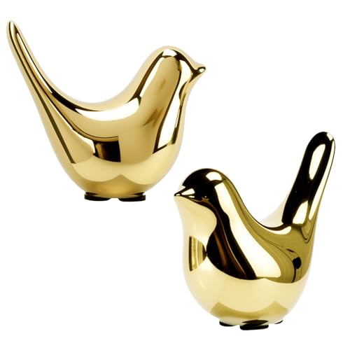 Qaixwuyi 2 piezas de estatua de cerámica pequeñas aves doradas decorativas modernas escultura de cerámica pequeñas estatuas de animales decoración de la casa decoración de mesa para comedor oficina