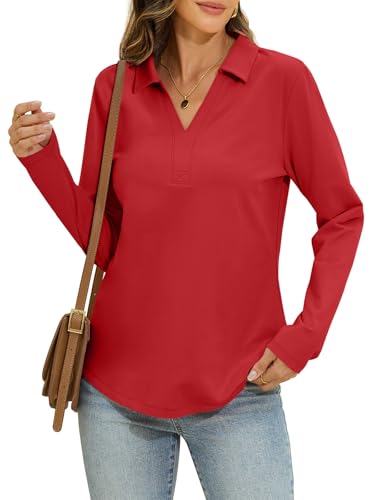 EasyGala Womens Cotton Long Sleeve Polo Shirts Business Casual V Neck Collared Tops Loose Fit Work Blouses Fall Outfits 2025 Red Large
