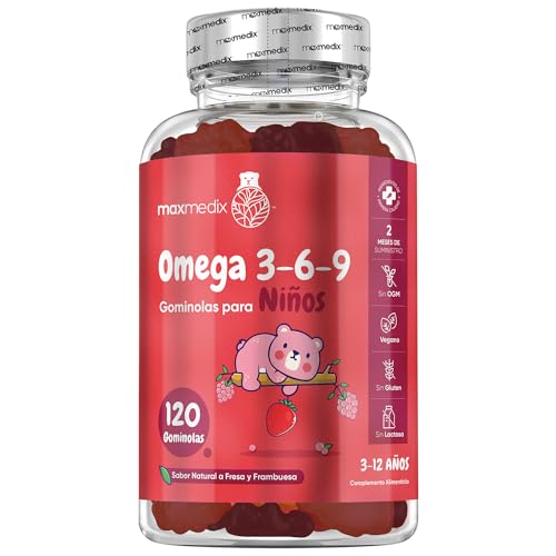 Los mejores Probióticos Infantiles 24 Gominolas de Omega 3 6 9 para Niños 336mg - 120 Unidades Sabor Fresa y Frambuesa | 2 Meses de Suministro | Omega 3 para Niños de 3 a 12 Años - Gominolas Veganas, Sin Lactosa y Sin Gluten, Omega Kids