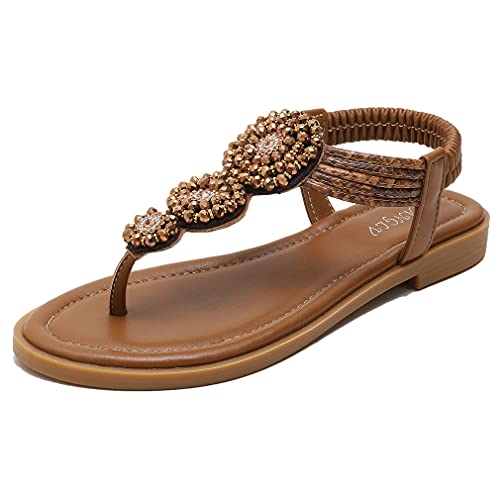Huntarry Women Glitter Crystal Rhinestone Flat Sandals Casual T-Strap Vacation Dress Thong Sandals #TOP8