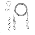10ft Dog Tie Out Cable with 15" Spiral Ground Stake Spike for Small to Medium Dogs Up to 60 lbs for Playing Camping Outdoor Yard and Backyard in Ground (White)
