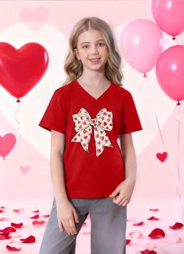 Image of LAZYCHILD Kids Valentine Shirt Girls Valentines Day Shirts Heart Graphic Long Sleeve Striped Tee Tops 5-14 Years