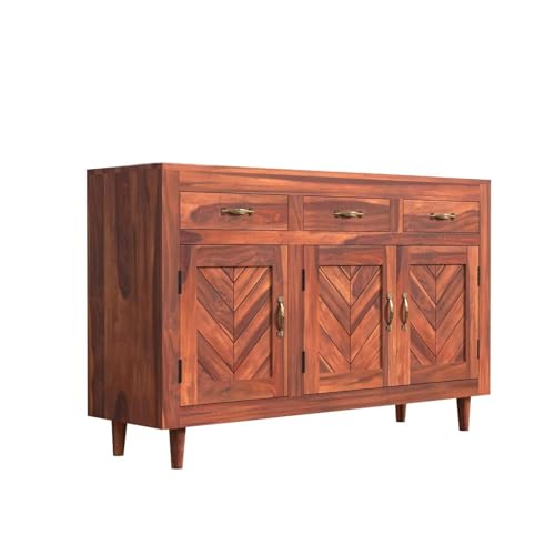 Image of Solid Sheesham Wood Sideboard Cabinet with 3 Door & 3 Drawer Storage | Wooden Storage Organizer Unit for Living Room Dining Kitchen Bedroom Hallway | Natural Honey Finish | Pre-Assembled