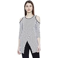 HYPERNATION White and Blue Stripe Overlap Cotton Cold Shoulder Top for Women(HYPW02042)