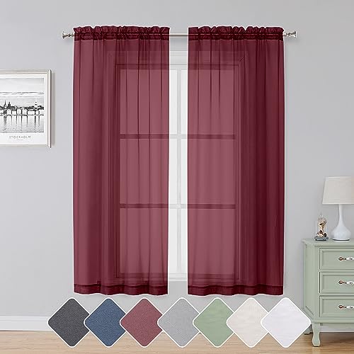Image of Simplebrand Red Sheer Curtains 63 Inch Length 2 Panels, Rod Pocket Solid Color Window Sheer Curtain Panels, Elegant Curtains & Drapes for Living Room, Bedroom 2 Panels (Burgundy, 42 inch W x 63 inch L)