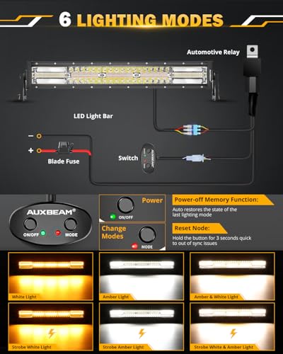 Image of Auxbeam 22 Inch LED Light Bar, 120W 6 Modes Amber White Strobe Fog Lights, Yellow Spot Flood Memory Reset Function Offroad Driving Work Ditch Light for Truck Car ATV