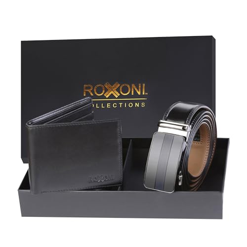 Roxoni Men's Ultra Soft Geniune Leather Rachet Belt & Wallet Gift Box
