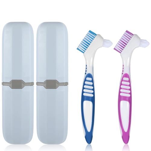 2 PCS Denture Brush Double Head Denture Cleaning Brush with 2 Storage Cases 16.5cm Anti Slip Handle Denture Toothbrush for False Teeth Retainers Mouth Guard Cleaning Tool