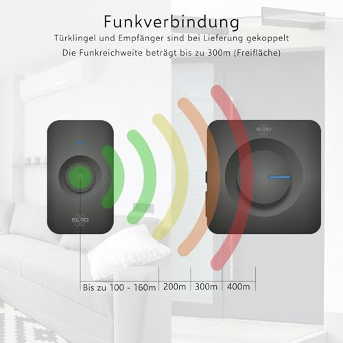 ELRO DB3000-P1C1B Funk Türklingel Set Tragbare Empfänger mit Batterie-Wasserdicht, 100m Reichweite, 64 Melodien-Schwarz