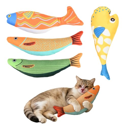 Kaiyzo 4er Set Katzenminze Spielzeug Fisch, Plüsch Spielzeug für Katzen mit Katzenminze-Füllung, Weiches Kauspielzeug für zahrende Kätzchen