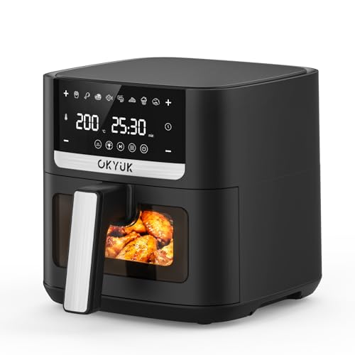 OKYUK Air Fryer 6L, Friteuse Huile 8-en-1 avec Fenêtre de Visualisation, 1200W avec Ecran Tactile Digital, Réglable 80-200°C, 90% de Matières Grasses en Moins, Nettoyage Facile
