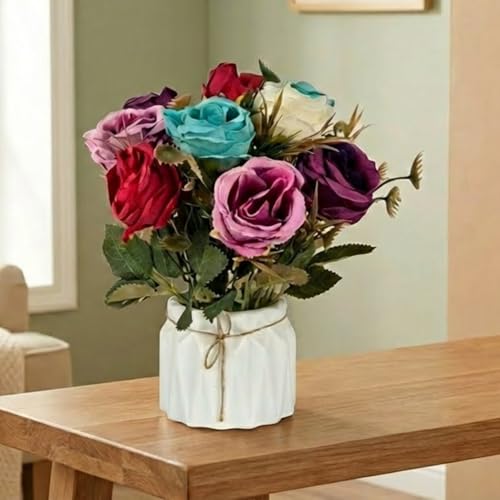 Image of Dekorly Artificial Lavender Plant in White Pot, 18cm - Realistic Faux Flower Arrangement for Home & Office Decor (Set of 1) (1, Big Rose)