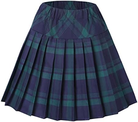 Women's Elastic Waist Plaid Pleated Skirt Tartan Skater School Uniform Mini Skirts (X-Large, Series 1 Green)