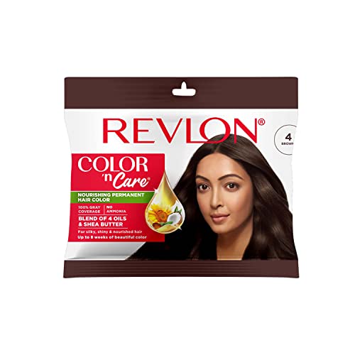 REVLON Color ‘n Care NOURISHING PERMANENT HAIR COLOR – 4 Brown – Has essentials oils of Coconut Argan, Sunflower & Jojoba oil, along with shea butter – Sachet