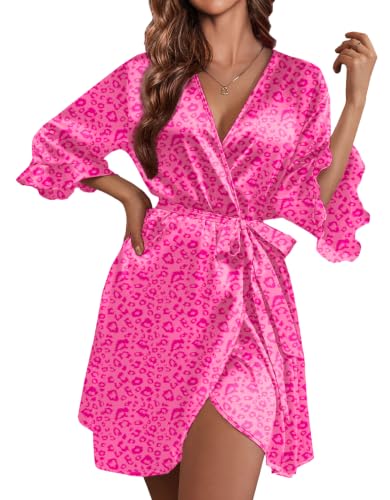 Image of Ekouaer Women's Satin Robe Valentines Lingerie for Women Kimono Bathrobe Short Ruffle Belted Robes Bridesmaids Sleepwear