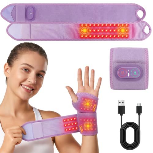 Image of Cordless Wrist Hand Heating Pad Massage for Pain Relief, Rechargeable Heated Wrist Brace for Carpal Tunnel & Arthritis, Red Light Heated Wrist Massager Wrap, Purple