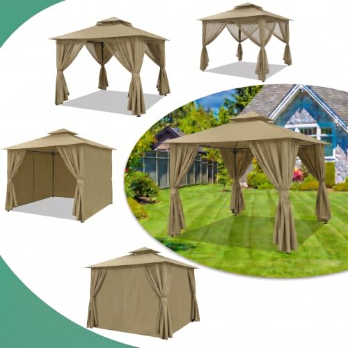 Image of COBIZI 10x10 FT Outdoor Gazebo, Soft Top Patio Gazebo with Ventilated Double-Tier Roof, Heavy-Duty Metal Frame Canopy with Removable Privacy Curtains for Backyard, Garden, Lawn, Khaki