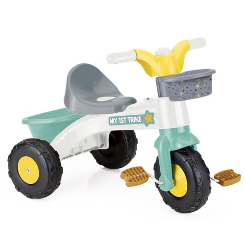 DOLU: My First Trike: White, Green, Yellow - Pedal Operated 3 Wheeled Bike, 2 Baskets, Indoor & Outdoor Tricycle, Ride-On Toy, Kids Toddlers Ages 2+