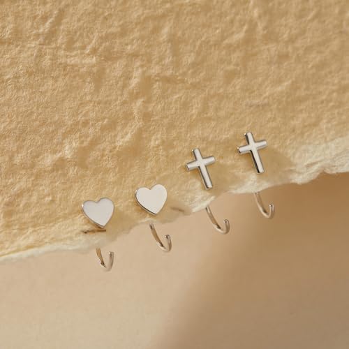 Image of CHIC & ARTSY 925 Sterling Silver Half Hoop Earrings for Women, Small Huggie Hoops Set with Ball Bar Star Moon Cross & Pearl, Lightweight Comfort Fit Everyday & Sleep Earrings