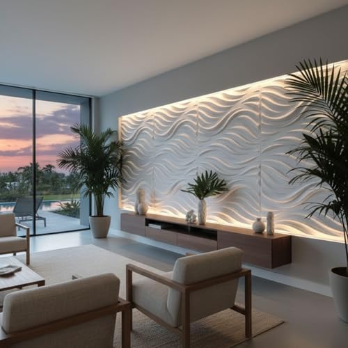 Image of Kayra Decor 3D Wall Panels Wave Design - White Color | 19.7 inch x 19.7 inch (Pack of 12) - Covers 32.28 Sq. Ft | Premium Home & Office Wall Decoration