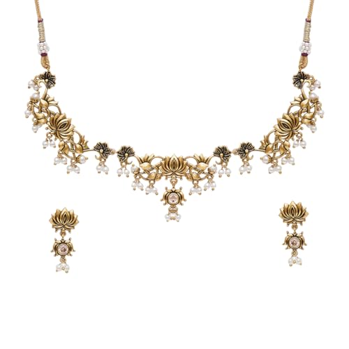 Image of VOYLLA Apsara Lotus Motif Filigree Gold Plated Brass Jewellery Set For Women, Jewellery Set For Women, Womens Gift, Gift For Her