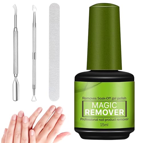 Quitaesmalte Semipermanente, 15 ml Removedor Esmalte Semipermanente con Empujador de Cutícula y Lima de Uñas, Removedor Esmalte Permanente, Magic Gel Remover Elimina Fácil y Rápidamente el Esmalte
