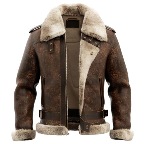 Men’s Distressed Brown Sheepskin Sherpa Faux Fur Lined Vintage Aviator B3 Bomber Jacket