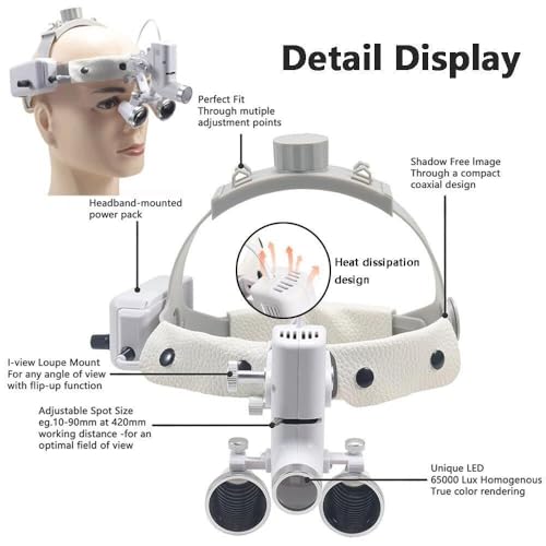 Lupas dentales LED con Faro, Aumento de 2.5X y 3.5X, Lupa Binocular Recargable para Laboratorio quirúrgico, Diadema ergonómica, Enfoque Ajustable.