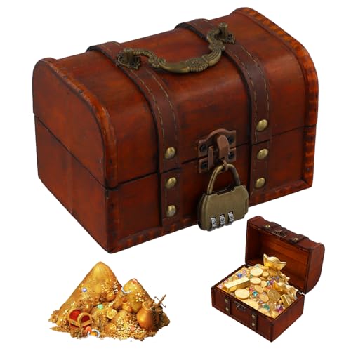 Tinsellns Vintage Wooden Treasure Box with Lock Antique Pirate Treasure Chest Handmade Rustic Keepsake Box for Jewelry Storage 16 * 12 * 9.5cm - Gift for Boys Girls and Decoration