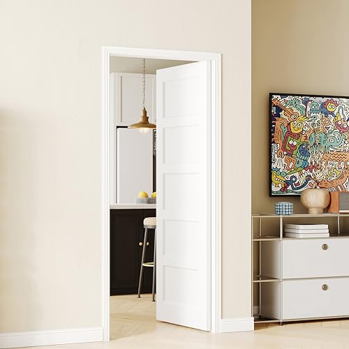 Image of 30 inch x 80 inch Pantry Doors, 5 Panel Solid MDF Core Single Paintable Wood Door Slab, French Style Closet Doors as Interior & Pocket Door, White Primed (Hinges Not Included)