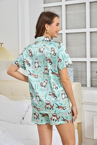 Image of Funny Satin Pajamas Set for Women Button Down Sleepwear Print Pjs Set 2 Piece Short Sleeve Loungewear Gift for Women