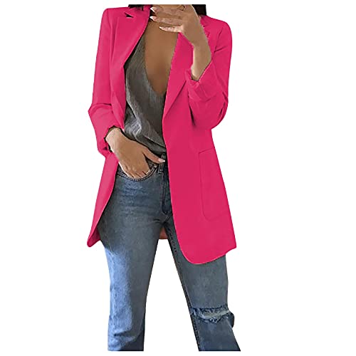 Blazer Jackets for Women,Formal Long Sleeve Suit Jackets for Work Professional Oversized Solid Color Open Front Pockets Cardigan Blouse Sport Coat Women Blazers with Pocket(Hot Pink,Large)