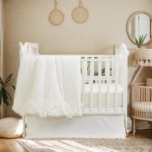 Image of Brandream Gender Neutral Boho Bohemian Baby Girl Boy Nursery Crib Bedding Set 3 Pieces Solid White Farmhouse Chic Unisex Minimalist Tassel Fringe Macrame Cozy 100% Washed Cotton